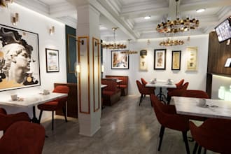 design and cgi 3d render restaurant interior, shops, bar, kitchen, coffee shop