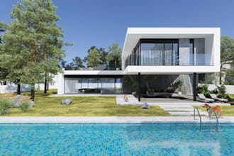 renovate 3d exterior house villa, swimming pool, outdoor space, backyard,pergola