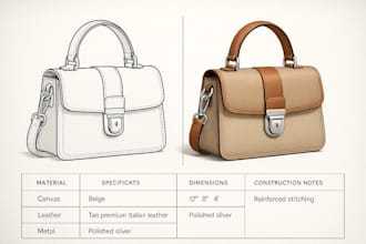 create a custom bag design, handbag, tote, backpack with tech pack and cad file