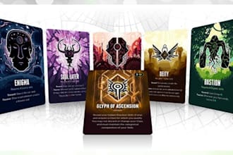 create card game illustration, board game design, tcg, card box mockup rule book