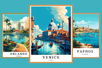 create vintage travel poster retro art deco vector art or landscape illustration