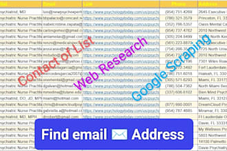 make a list of contacts,find email address,web research and google map scraping
