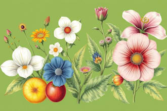 create botanical illustration of flowers, plants, and fruits
