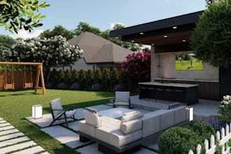 design exterior landscape, garden, backyard, patio terrace, BBQ and pool