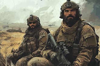 draw military themed, 2d character illustrations for you