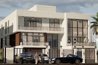design luxury modern villa,house exterior,sea view,pool patio,resort area render