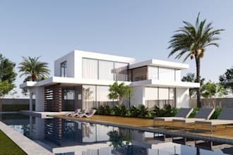 design modern villa exterior,glass wall,outdoor design,pool,wooden deck,loungers