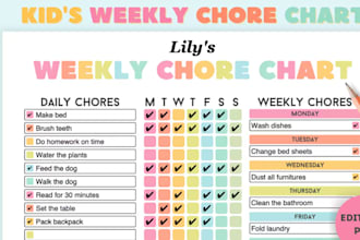 chore chart for kid,cleaning planner,weekly,event party end of life planner