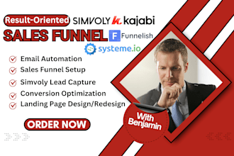 design simvoly website landing page, kajabi sales funnel, funnelish systeme io