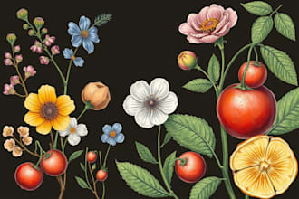 paint botanical illustration of plants, fruits, flowers, herbs