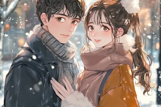 do cute couple portrait, anime, family or pet illustration