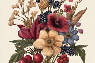 create  watercolor botanical illustration of flowers, plants