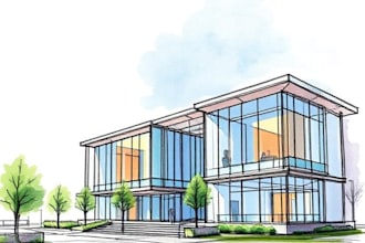 draw an architectural digital marker or watercolor sketches