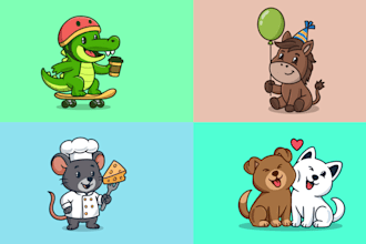 draw 2d cute cartoon character, animal or macot logo design