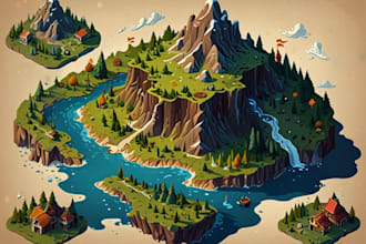 make fantasy map illustration for dnd isometric novels games sci fi city world