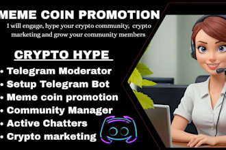 setup telegram bot promote crypto meme coin, manage community with 15 chatters