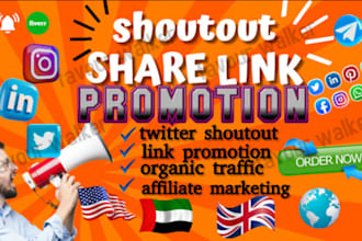 shoutout, twitter, website promotion, sharelink to USA UK and to ig fb users