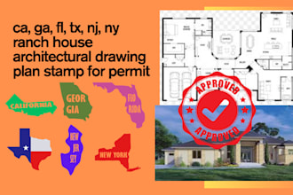ca, ga, fl, tx, nj, ny ranch house architectural drawing plan stamp for permit