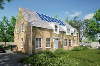 redesign 3d solar panel house, backyard redesign, front elevation render,autocad