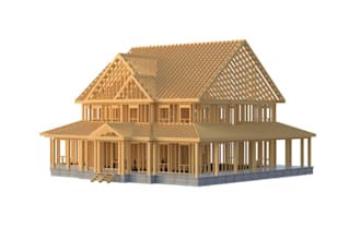 3d timber frame design, with truss plan, wood structure with render