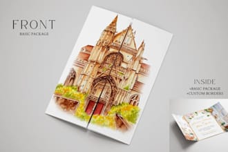 custom watercolor window, gatefold, folded, booklet or itinerary wedding invite