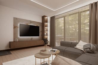 redesign 3d cozy living room, dining room, kitchen design with modern rendering