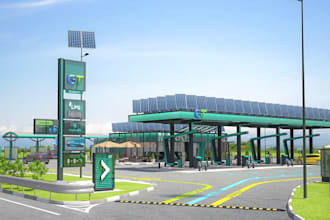 renovate 3d petrol station design,3d cgi fuel station, bus stands, gas station