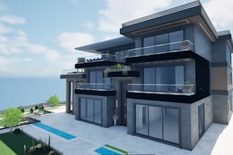 renovate 3d luxurious apartment, exterior landscape, facade elevation, site plan