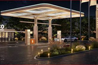 redesign 3d gas station, garage layout,fuel dispenser,spot fire pit,night render