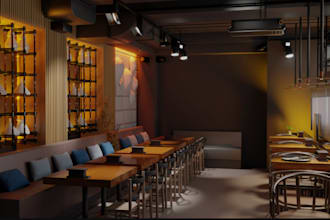 3d interior design of restaurant, café, bar, lounge, hotel in vectorworks, rhin