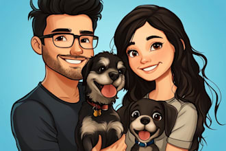 draw cartoon pet portrait, family portrait in disney style