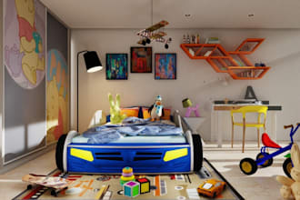 revamp 3d stylized kid play room interior, nursery interior, car shaped bed,cgi