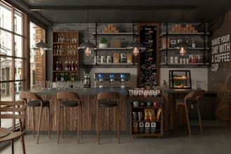 design your 3d retail stores, shops,interior cafe,bar restaurant with 3d render