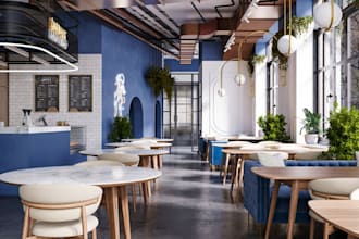 render modern coffee shop,interior space, furniture lounge,3d layout plan,v ray