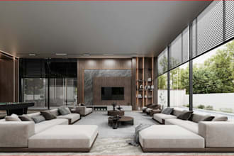 redesign 3d villa interior,cgi home apartment,livingroom decor,dining set render