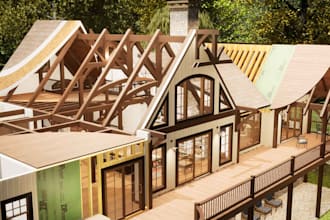 do 3d timber frame and wooden structure building house design with render