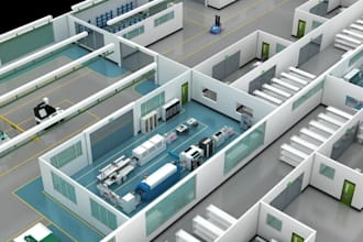 retouch 3d factory floor plan,3d model,isometric view,cgi site map,lumion render
