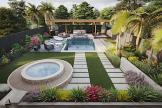 do 3d landscape design with backyard, garden, pool, patio, deck, site plan