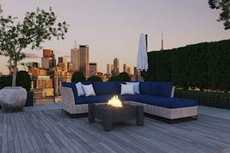 design modern trophic villa in d5 render, front elevation, fire pit, couch combo