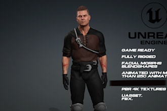 model realistic 3d unreal engine game character pbr texture, ue5 rig, weapons,