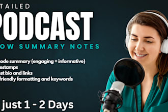 write podcast discription, notes and summary in 24 hours