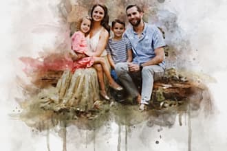 paint a family portrait into a digital watercolor painting with oil painting