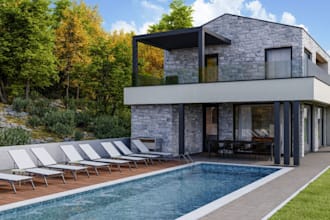 renew 3d modern brick, villa facade,swimming pool sky view,cgi render,rooftop