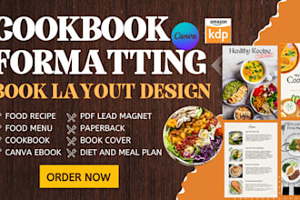 write and design cookbook, canva ebook, kdp recipe book, meal plan editable pdf