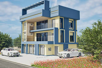 design 3d house elevation,render front facade,modern structure,exterior garden