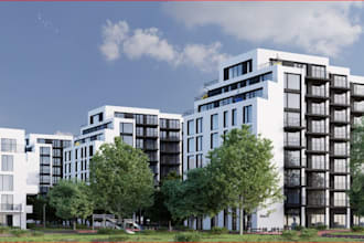 renew 3d high rise apartment,city landscape,real estate, skyline exterior render
