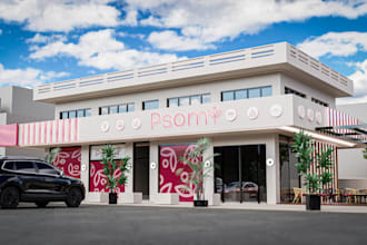 recreate 3d bakery exterior, grocery shop,interior cookies bar,pastry rendering