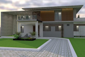 modern wooden house, facade exterior design, garden patio, render 3d floor plan