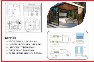 draw food truck, outdoor kitchen, and indoor kitchen plans for city permits
