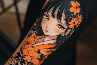 make custom anime tattoo design for arm, sleeve or back